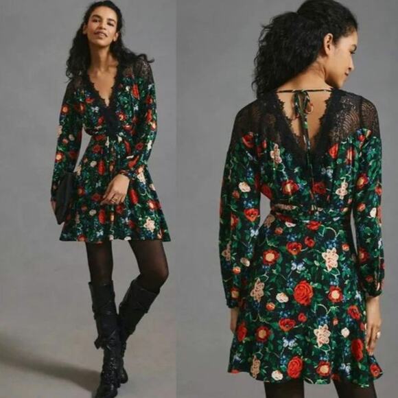 Anthropologie Lacy V-Neck Mini Dress Sz 8 Black Floral Long Sleeve New! - Picture 1 of 10
